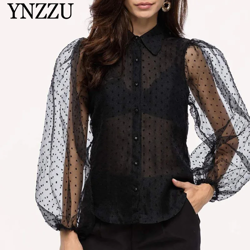 

Elegant Lantern sleeve Women blouse Black Spring Sexy Loose Jacquard Polka Dots Female shirt 2020 Summer Black Tops YNZZU YT798