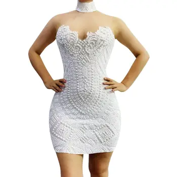 

Elegant White Beading Wedding Party Dress Women Elastic Backless Halter Prom Bodycon Dress Sexy Dancer Mini Dress Stage Costumes