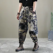 Винтажные женские джинсы размера плюс, новинка, весна-осень, в этническом стиле, эластичные, с высокой талией, с принтом, с карманами, свободные, джинсовые штаны-шаровары, брюки