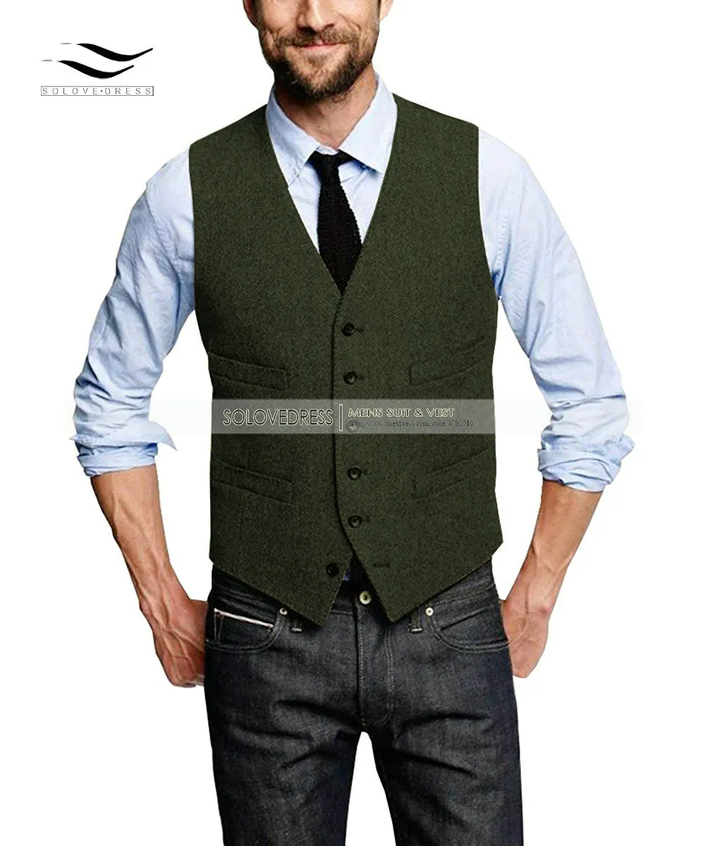 Black Tweed Waistcoat Mens Wool Vest Herringbone Slim Fit Collarless V- Neck Winter Gilet Chaleco Office Wear /Party