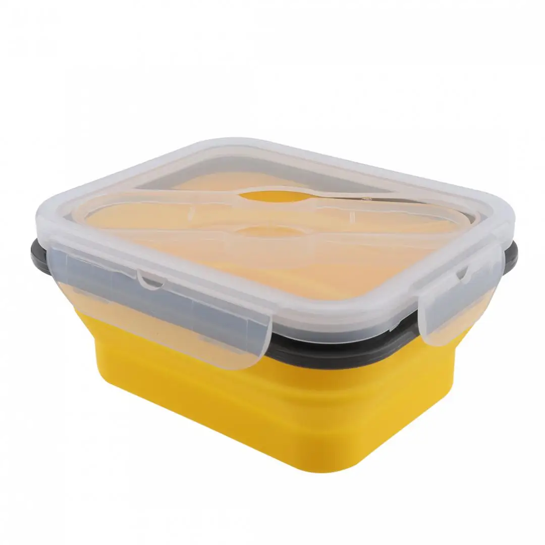 700ML Portable Rectangle Lunchbox Silicone Folding Lunch Bento Box with Thickening Buckle and Spoon Fork Dual Purpose Tableware