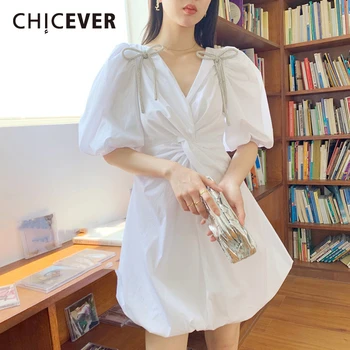 

CHICEVER Lace Up Bowknot Cross Ruched Dress Women V Neck Puff Short Sleeve High Waist Tunic Large Size Mini Dresses Female 2020