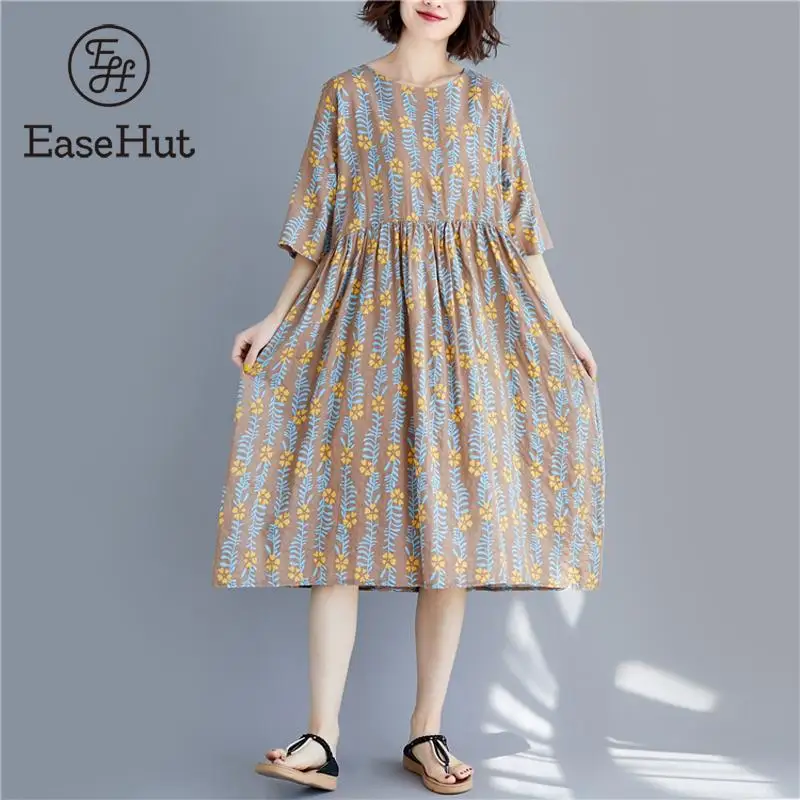 EaseHut, женское платье миди с принтом,, новинка, весна, осень, хлопок, лен, платья для женщин, свободное, мешковатое платье, халат для женщин, vestidos