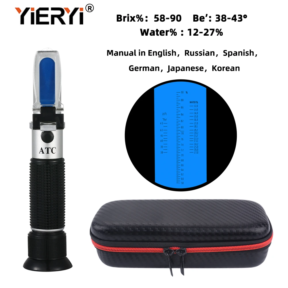 Yieryi Rifrattometro Portatile Honey Baume 58-90% Brix 38-43 ° Baume 12-27% Acqua Apicoltore Bee Honey Tester Misuratore Di Zucchero Scatola Nera