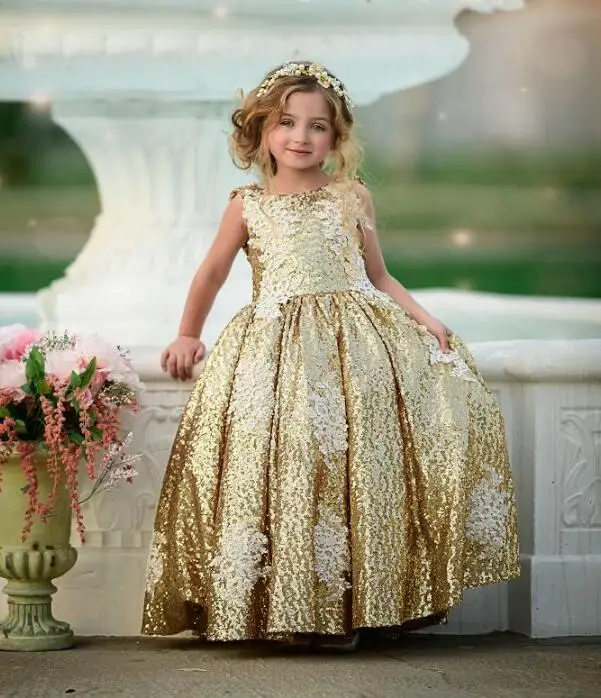 Модные золотые платья с блестками и цветочным узором для девочек, кружевные платья с аппликацией для первого причастия для девочек