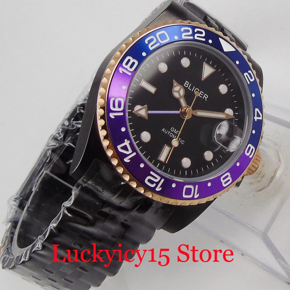 

BLIGER Black PVD Plated Men Watch Sapphire Glass GMT Automatic Movement Sapphire Glass