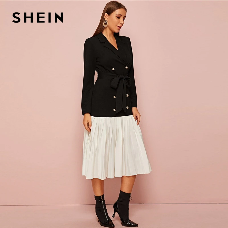 SHEIN элегантное женское осеннее двубортное плиссированное платье с поясом и длинным рукавом с цветными блоками