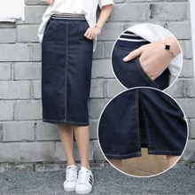 Джинсовая юбка-карандаш для женщин, весна-лето, плюс размер, джинсовые юбки для женщин с разрезом, Женская Повседневная эластичная мягкая юбка с высокой талией