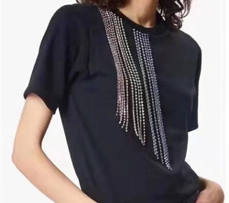 T-shirt WHITNEY WANG осенние модные уличные яркие цвета бриллианты джинсы c бахромой женские джинсовые брюки с высокой талией Большие размеры 4XL - Цвет: T-shirt