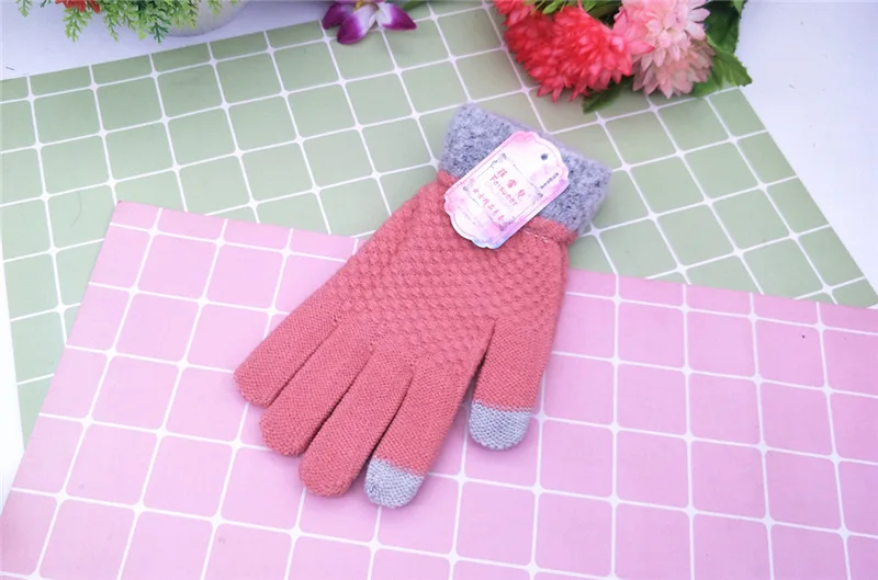 pink Теплые перчатки Сенсорный экран Перчатки сенсорные для Для женщин растягивающиеся вязанные варежки шерство ограничения полный палец крючком Толстые Зимние перчатки - Цвет: pink