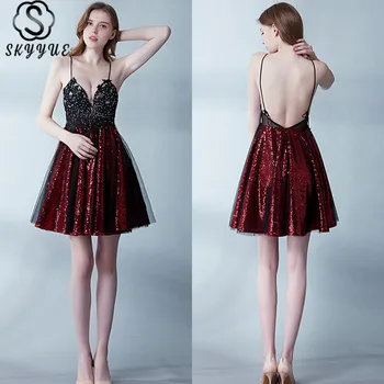 

Skyyue Cocktail Dress Sequin V-Neck Vestidos De Coctel 2019 New Sexy Sling Cocktail Dresses Sleeveless Backless Formal Gown H107