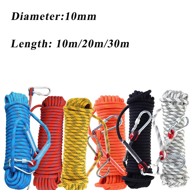 10mm 10/20/30m Climbing Rope w/ Hook High Strength Emergency Safety Hiking Rope Lifeline Rescue Rope Outdoor Survival Tool