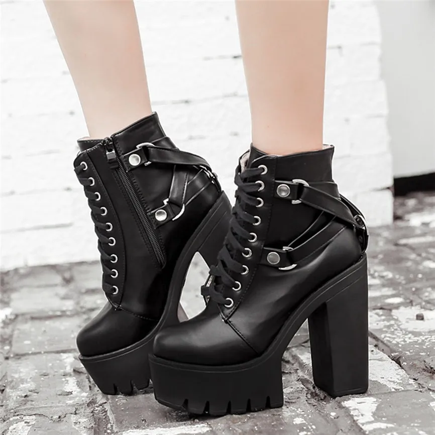 Waterproof Platform Lady Motorcycle Boot With Thick Heel And High Boots Lace Up Shoe Soft Leather Non-slip Ankle 40 | Обувь