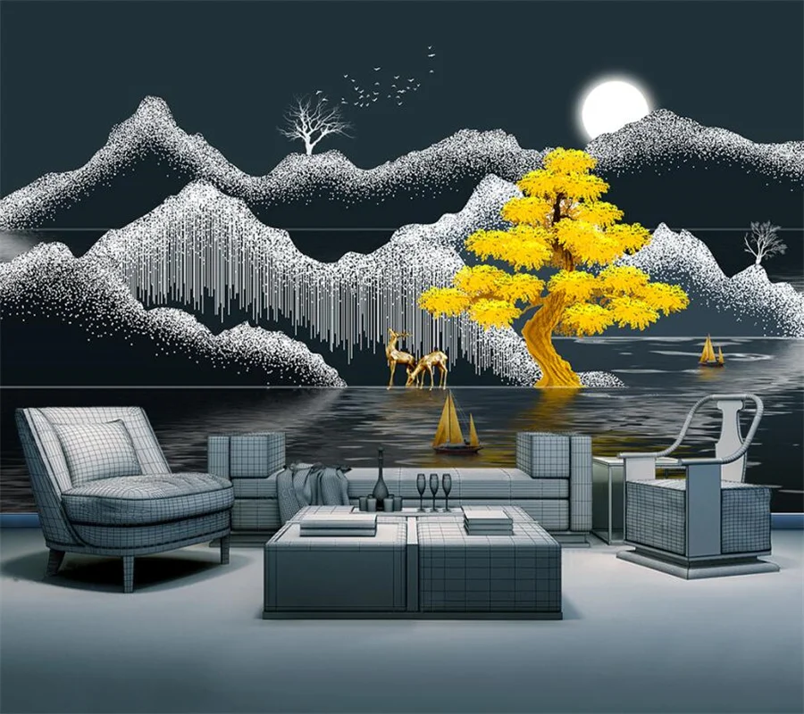 

beibehang Customized large-scale murals Chinese style abstract mountain crystal shell elk fortune tree background wallpaper