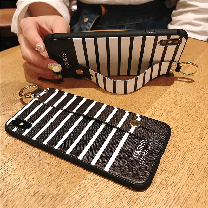 2 SoCouple Wrist Strap Phone Cases For iPhone Xs max For iPhone 7 8 6 6s Plus X XS XR Relief Stripe Pattern Soft TPU Back Cover