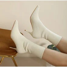 

Women's Boots Autumn Winter Stretch Fabric Sock Mid-calf Boots Sexy Ladies Thin High Heels Shoes Pointed Toe Female Pumps 2021