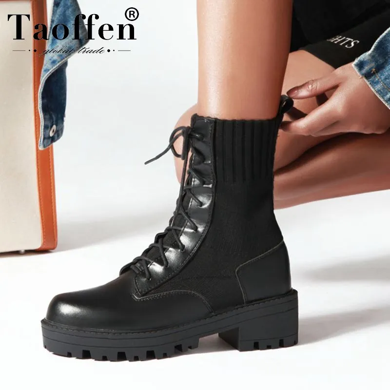 Taoffen/женские ботильоны повседневные короткие ботинки на платформе с квадратным каблуком и перекрестными ремешками зимняя теплая обувь с круглым носком женские размеры 34-43