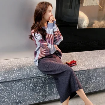 

Sweater Suit Women's Autumn and Spring Fashion Lazy Wind Knit Two-piece Set Female Sweater Pullover Top and Skirt Suit NS1714