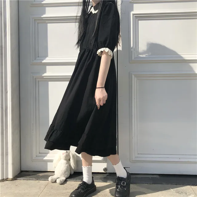 Japanese College Style Summer Dress Sweet Peter Pan Collar Kawaii Lace Ruffles Dress Short Sleeve Mori Girl Black Woman Dress 6