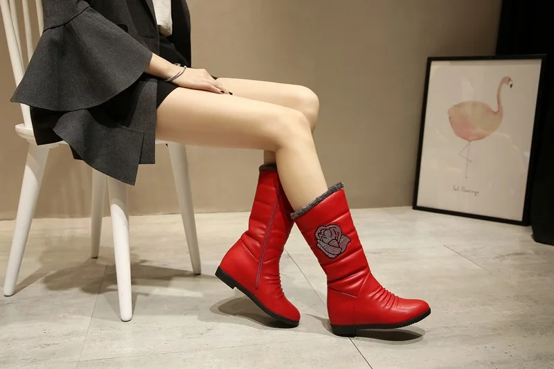 classic crystal flowers winter snow boots women ankle boots warm plush shoes quality flat round toe platform outdoor shoes woman