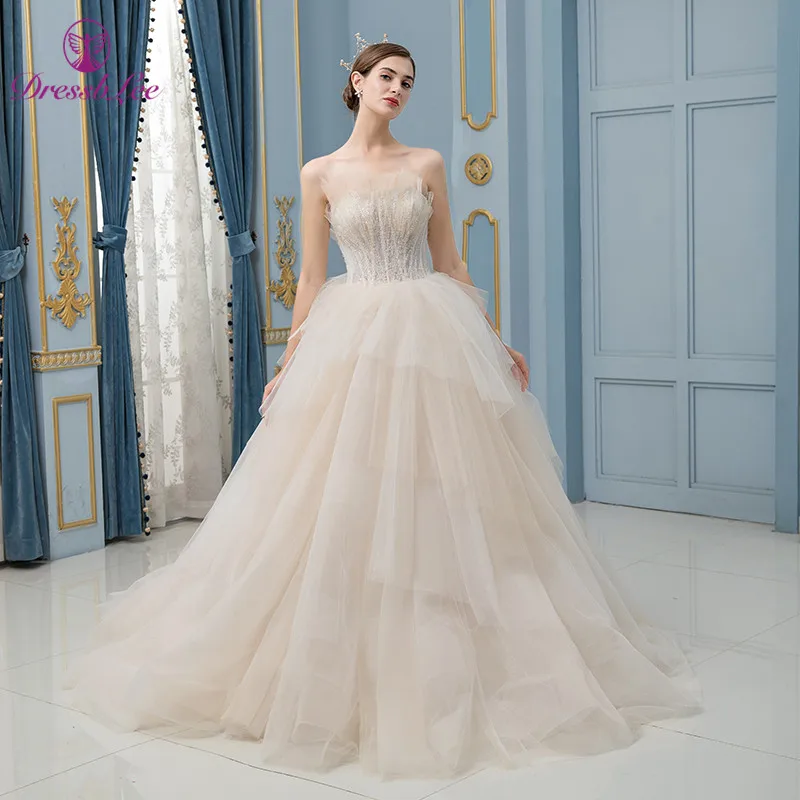 

2020 New Arrival In Stock Charming Ivory Wedding Dress With Beaded Strapless Ball Gown Bridal Dresses Court Train Wedding Gown