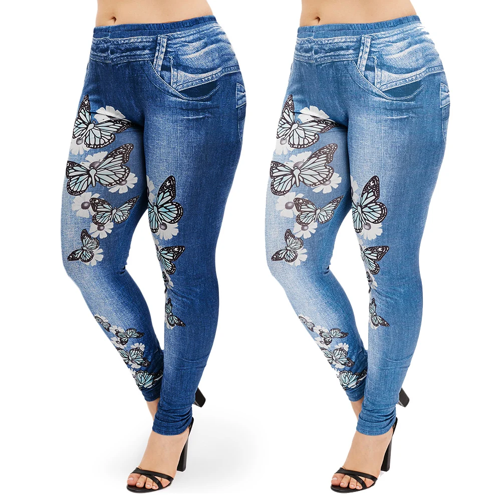 Wipalo для женщин; Большие размеры 5XL бабочка 3D, джинсовая рубашка с принтом в виде леггинсы с принтами женские большие размеры Фитнес Джеггинсы на шнуровке облегающие леггинсы 5XL