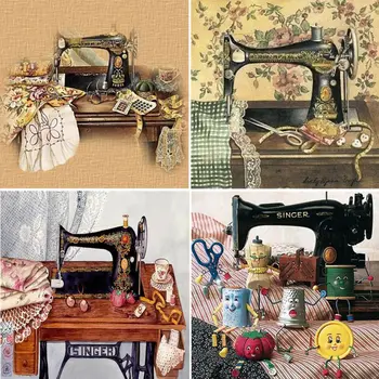 

4 Pack Sewing Machine Desk/Animals 5D Diamond Painting Kits Full Drill Rhinestone Embroidery Cross Stitch Home Decor Craft