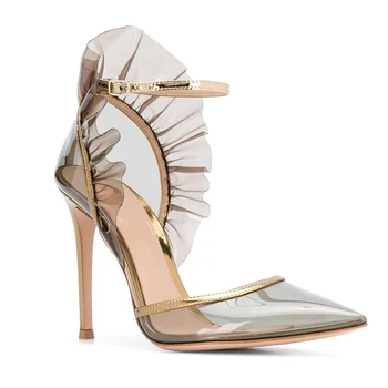 

Fashion Single Shoe Woman 2020 new summer pointed transparent PVC ruffled lace 10/12cm super high heel sandal woman