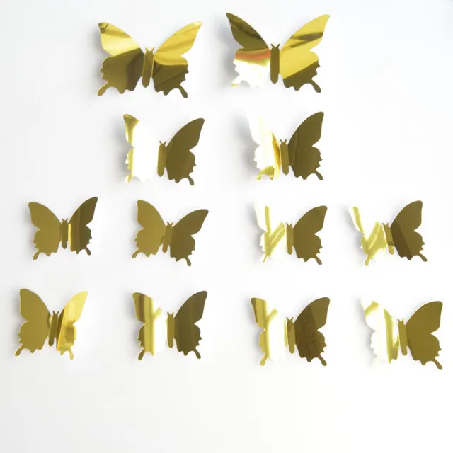 12pcs 3D Mirror Butterfly Wall Stickers Suitable for Living Room and Bedroom Ornament Personalized Home Decoration Accessories Golden 12pcs