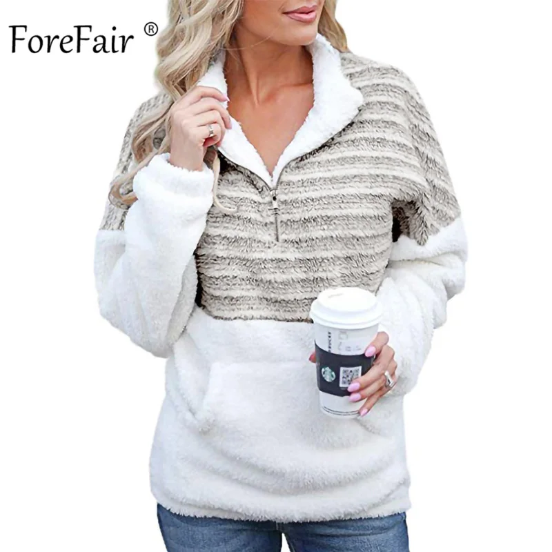  Forefair Stripe Plush Sweatshirt Women Winter Pullovers Long Sleeve High Neck Oversize Faux Fur War