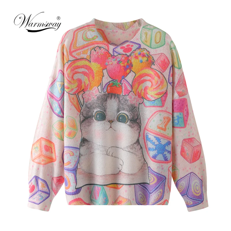 

Cartoon Cat Oversized Sweater Plus Size Women Thin Knitting Pullover Spring Autumn 2020 Fashion Knitwear B-007