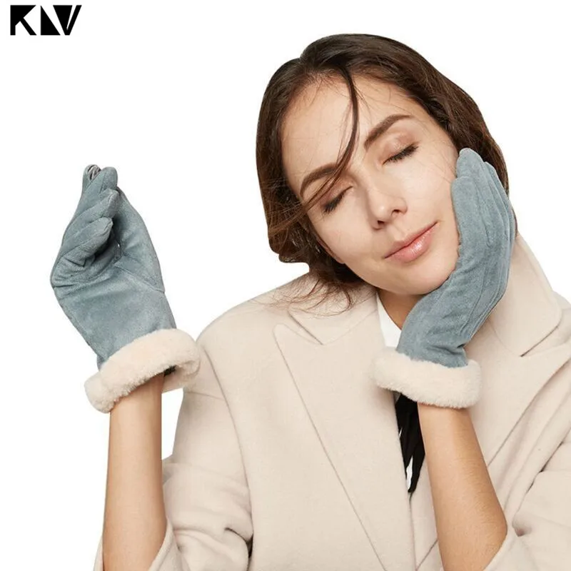Women Girls Autumn Winter Touchscreen Gloves Solid Color Plush Cuff Thermal Thick Lining Suede Mittens Driving Ski Wrist Warmer