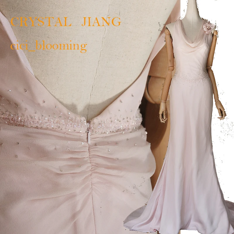 Light Pink Mermaid Simple And Elegance Beaded Backless Long Gown With Sweep Train
