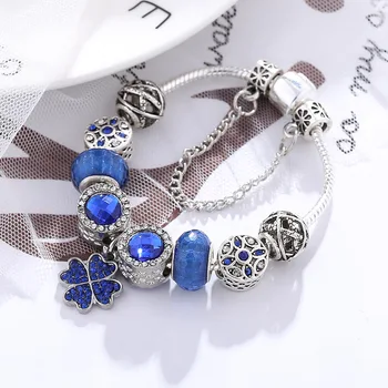

Europe and United States 2020 new blue crystal lucky clover Pandora charm bracelet female diy original jewelry February 14 gift