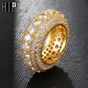 

Hip Hop 5 Row Tennis Iced Out Bling Full CZ Charm Hollow Tready Copper Cubic Zircon Ring For Men Jewelry Gold Size 8-11