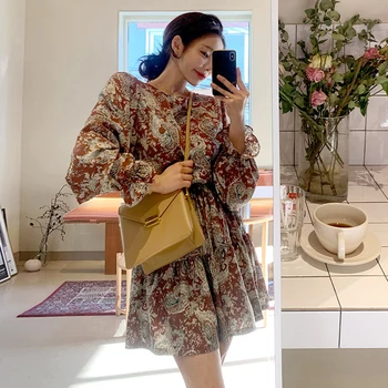 

YAMDI woman a-line vintage long sleeve dresses spring summer 2020 party korean elegant midi dress women print loose high waist