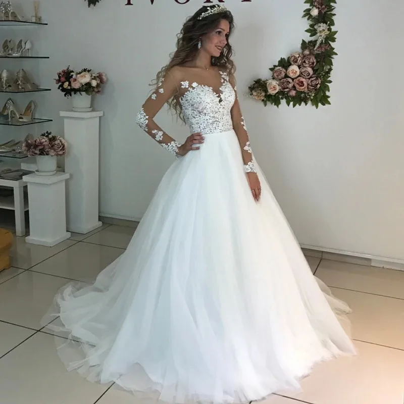 Vestido De Noiva свадебное платье с длинными рукавами, бальное платье, свадебные платья, Тюлевое платье невесты с аппликацией