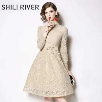 

New spring autumn knee length lace dress for women a line long sleeve elegant slim retro khaki pleated swing dress with belt