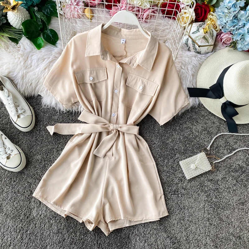 Summer Romper 2020 New Women Short Sleeve Single Breasted Playsuits Bodysuits Woman Slim Belt Bandage Jumpsuits Body Femme Summer Romper 2020 New Women Short Sleeve Single Breasted Playsuits Bodysuits Woman Slim Belt Bandage Jumpsuits Body Femme