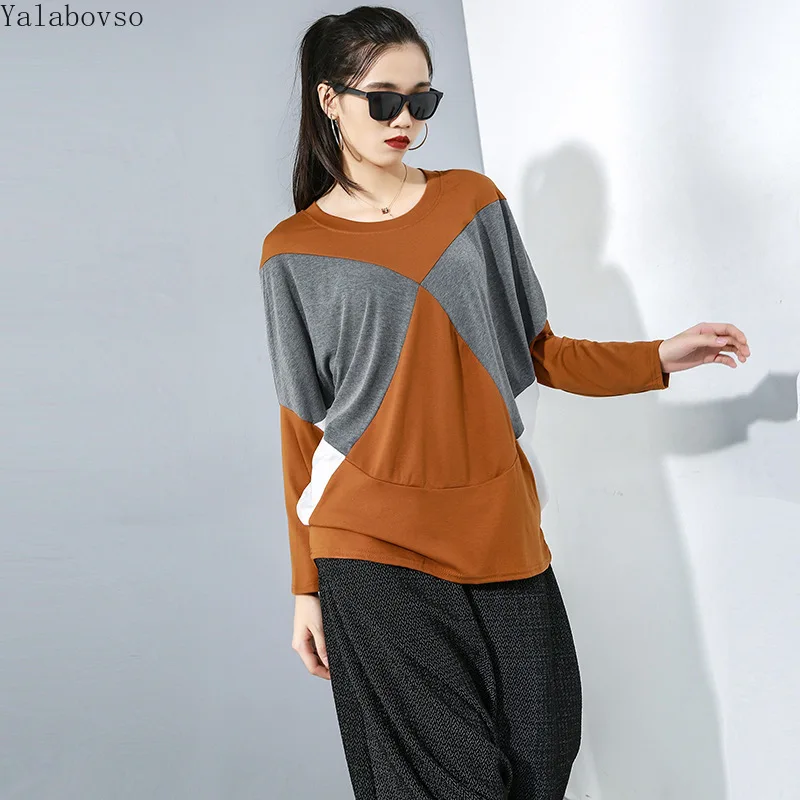 

2019 autumn new spliced round neck pullover T-shirt loose Plus size T shirt streetwear long sleeve women tshirt A71Z40