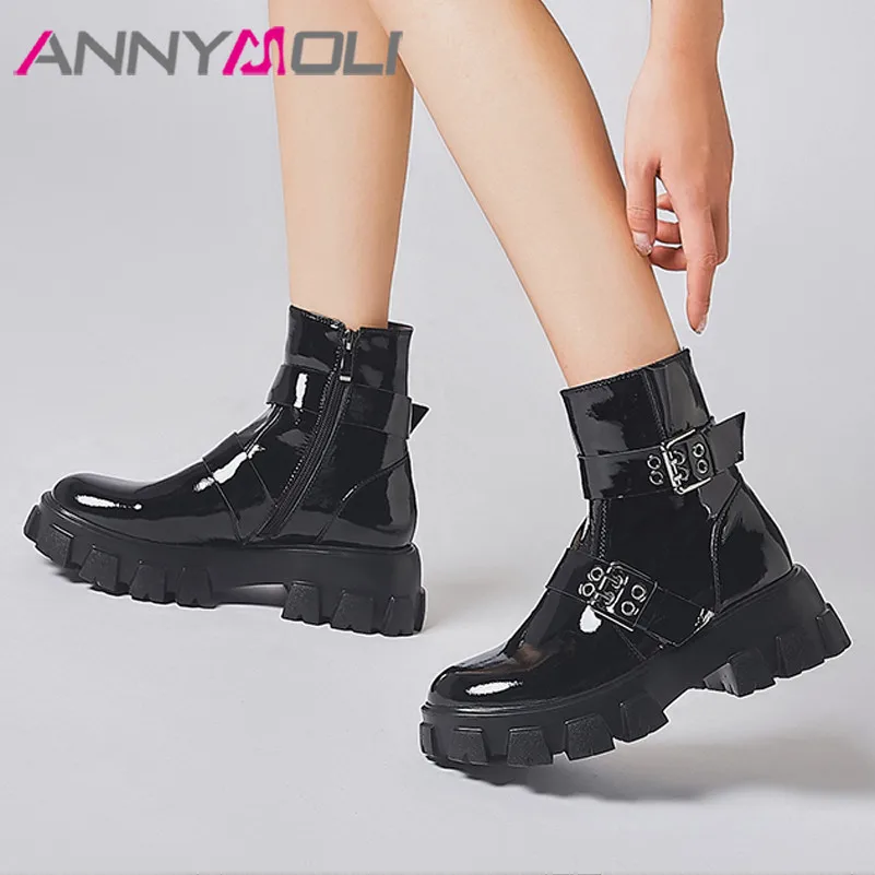 ANNYMOLI/зимние мотоботы Женские ботильоны из натуральной кожи на молнии и высоком