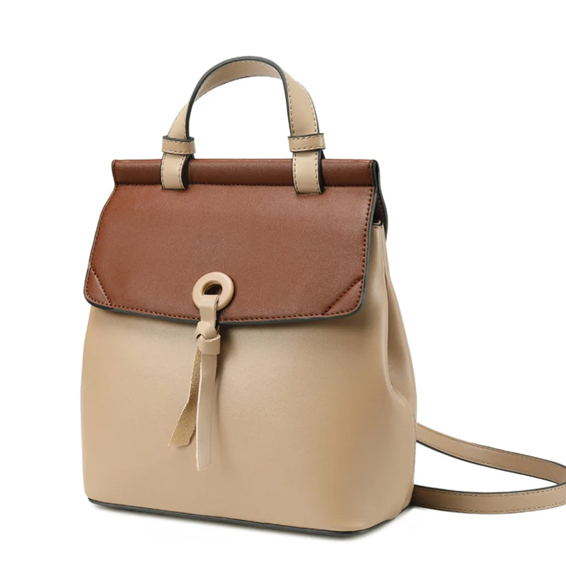 REALER women backpack small spilt leather backpack for women school backpack for teenager girls panelled shoulder bag - Цвет: Khaki-Red