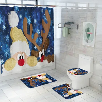 

Merry Christmas Shower Curtain / Non-Slip Rug/ Toilet Lid Cover/ Bath Mat Santa Deer Pattern for Christmas Decoration WX