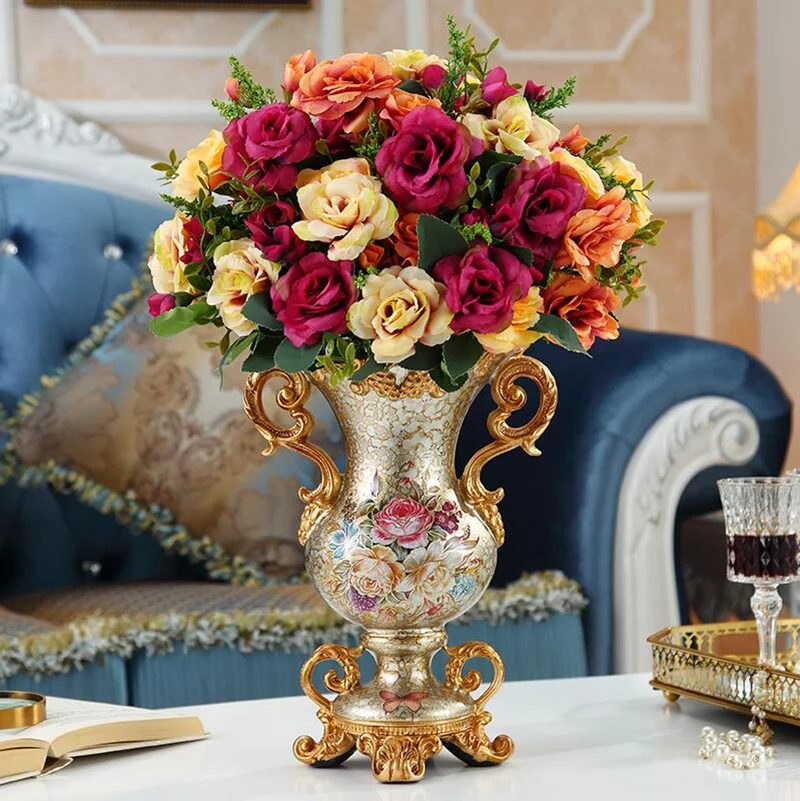 

European Resin Vase+Artificial Flower Set Figurines Office Home Furnishing Crafts Decoration Livingroom Silk Fake Flower pot Art