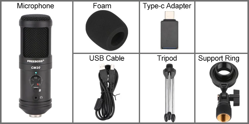 Freeboss CM20 16bit 48KHz Mute Low Noise Metal Body DV 5V Monitor Recording Chat USB PS4 Computer Mobile Condenser Microphone