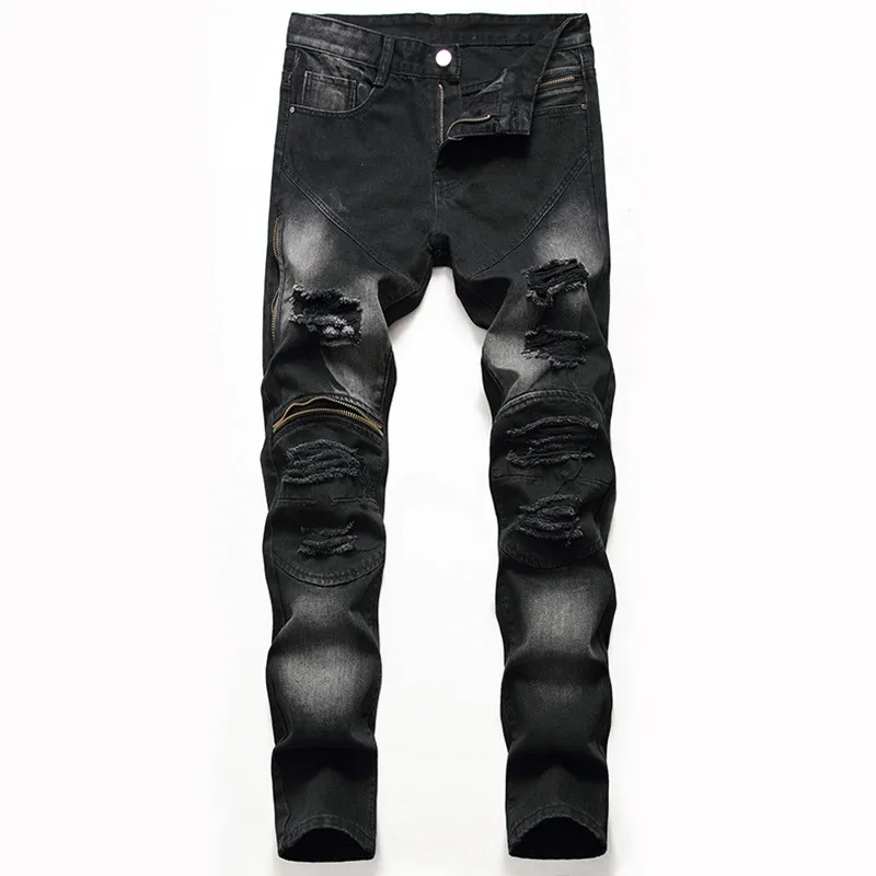 Черный KIMSERE Мода Марка NEW Fashion Hi Street рваные джинсовые демисезонные штанишки прямого покроя для Для мужчин Уличная рваные джинсы, джинсовые штаны с дырками прямого покроя плюс Размеры 28-42 - Цвет: Черный