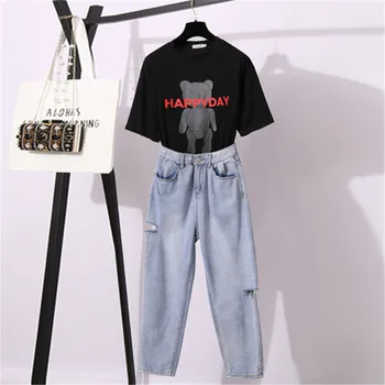 

CBAFU hole denim pants suit summer 2 piece set women cartoon letter print T-shirt high waist wide legs jeans pants sets P976