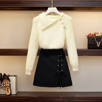 

ZAWFL New Autumn Winter White Pullover Soft Sweater & Button Skirt Mohair Knitted Top Skirts Two-Piece Clothing Set Women Outfit
