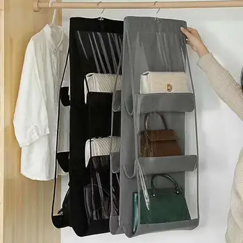 6 Pocket Hanging Handbag Organizer for Wardrobe Closet Transparent Storage Bag Door Wall Clear Sundry Shoe Bag with Hanger Pouch tanie i dobre opinie Other Storage Bags Eco-Friendly Folding Stocked Non-Woven Fabric Clothing Hanging Type Hanging Type Flat Type 100ml Square