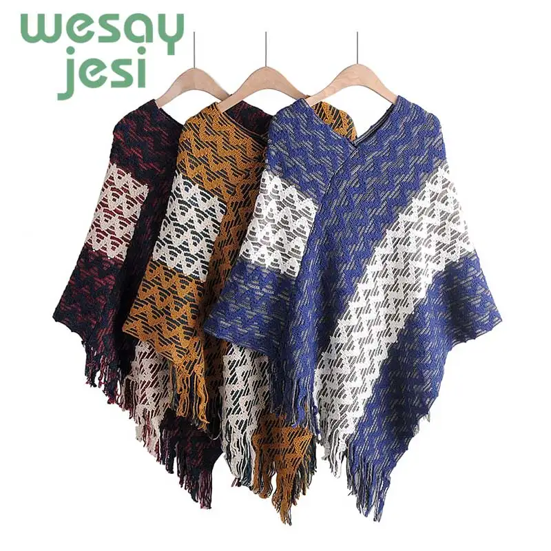 

Ponchos New European and American style fashion Knitte geometric imitation comfortable temperament warm poncho shawl cape